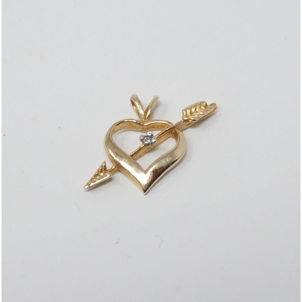 Vintage 14K Gold Arrow through Heart Pendant with Diamond Chip